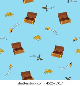 Pirates pattern with chest, dagger, sword, coin. Vector illustration