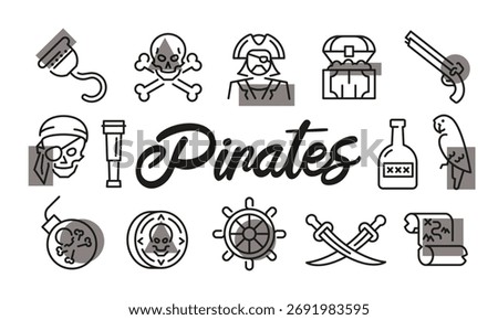 Pirates poster. Pirates banner design with nautical icons. Skull, Sword, Treasure, Parrot, Shipwheel icons. Simple poster for presentations, covers. Banner template. Vector illustration.
