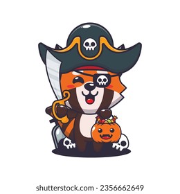 Pirates red panda in halloween day. Cute halloween cartoon illustration.