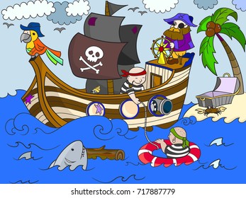 Pirates of the sea on merchant ships and seascape illustration. Zentangle style pirate ship. line of the sea, animals, fish, ostrovbpopugay, shark and people
