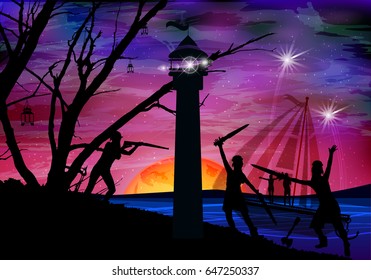 Pirates. The sea and the ship. Pirates fight on a blue background in the night. Sunset Sun Illustration for your design. Horizontal orientation of the sheet.