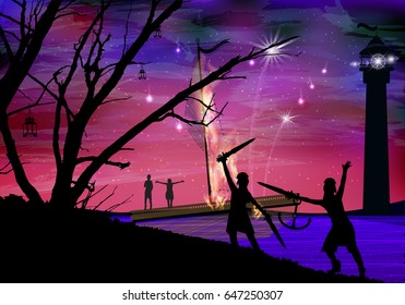 Pirates. The sea and the ship. The lighthouse shines. A tree with lanterns. A ship suffers disaster, evacuation of people, a fire. Signal lights. Illustration for your design. Horizontal 