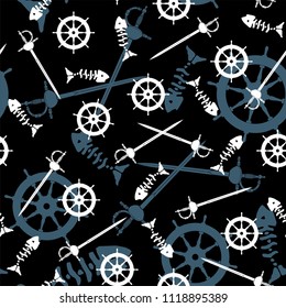 pirates of the sea steering sword fish skeleton white and blue on black background vector seamless pattern