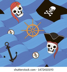 Pirates, sea waves and pirate attributes, vector seamless background