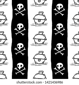 pirates seamless pattern , black captain Jolly Roger flag background wallpaper, repeatable funny hand painted texture of skull and crossbones and treasure chest box , vector illustration