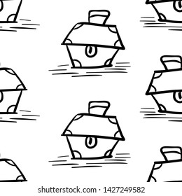 pirates seamless pattern , black captain treasure chest background wallpaper, repeatable funny hand painted texture of box , vector illustration isolated on white line art shape