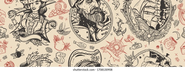Pirates. Seamless pattern. Caribbean robbers background. Captain, parrot, ship in storm, pin up girl filibuster, anchor, treasure island, swallows, compass. Sea adventure. Traditional tattooing style 