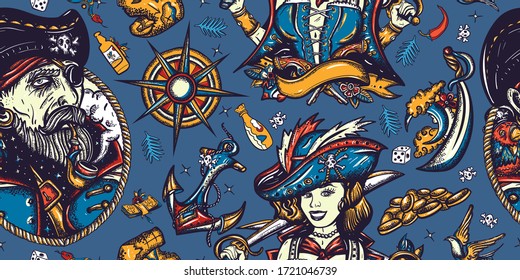 Piratas. Patrón sin problemas. Robadores caribeños. Capitán viejo, loro, filibusterismo de chica, brújula, ancla, isla del tesoro, golondrinas. Fondo de aventura marítima. Estilo tradicional de tatuaje