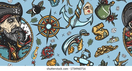 Pirates seamless pattern. Caribbean robbers. Sea adventure background. Traditional tattooing style. Old captain, parrot, sea wolf, compass, anchor, treasure island, swallows 