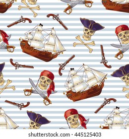 Pirates seamless pattern with jolly roger sailboat guns sabers on blue white horizontal striped background vector illustration 