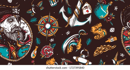 Pirates seamless pattern. Old captain, parrot, sea wolf, compass, anchor, treasure island, swallows. Caribbean robbers. Sea adventure background. Traditional tattooing style 
