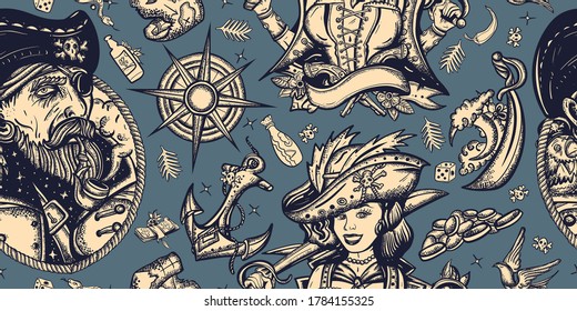Pirates. Seamless pattern. Sea adventure background. Traditional tattooing style. Caribbean robbers. Old captain, parrot, girl filibuster, compass, anchor, treasure island, swallows 
