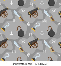 Piraten Nahtlose Muster mit Schwert, Kanonenwaffe, Bombe und Handhaken.