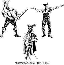 Pirates. Set of black and white vector illustrations.