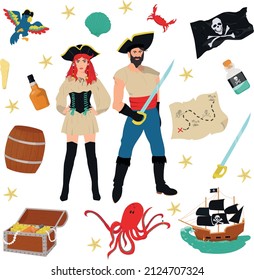 Pirates set: Captain, sea wolf girl, ship, treasure, map, rum.