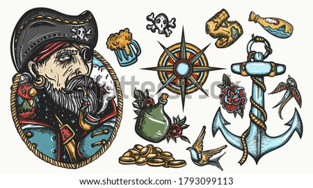 Pirates set. Color tattoo vector collection. Vector graphics elements. Captain sea wolf, parrot, compass, anchor, rum, treasure island, swallows. Sea adventure. Traditional tattooing style 