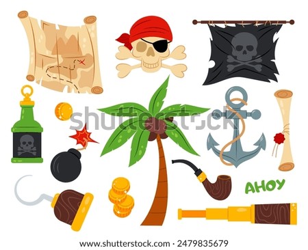 Pirates. Set of different pirate items in flat style on a white background. Cartoon illustration. Palm tree, pirate flag, ship anchor and more.