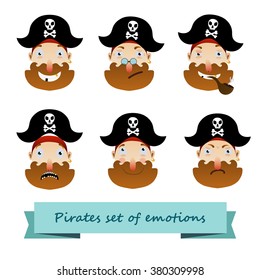 pirates set of emotions, color head man  with Red beard and 
jolly joker,smile pirate, Surprised pirate, pirate scared , incredulous pirate ,tobacco pipe,skull on the 
cocked hat
