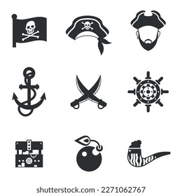 Pirates set icons in black style. Big collection of pirates bitmap,rastr symbol stock illustration