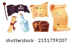 Pirates set icons in cartoon style. Flag with white skull and crossing bones. Waving black flag. Ancient parchment pirate's treasure map, bottle, paper with vintage texture. Chest. 