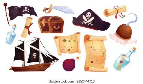 Pirates set icons in cartoon style. Flag with white skull and crossing bones. Waving black flag. Ancient parchment pirate's treasure map, bottle, paper with vintage texture. Chest. 