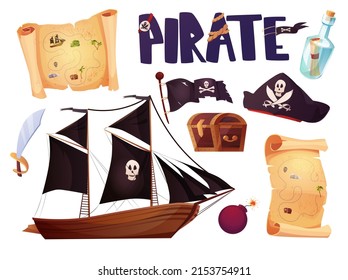 Pirates set icons in cartoon style. Flag with white skull and crossing bones. Waving black flag. Ancient parchment pirate's treasure map, bottle, paper with vintage texture. Chest. 