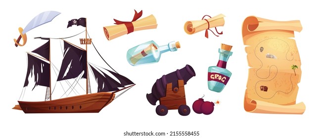 Pirates set icons in cartoon style. Flag with white skull and crossing bones. Waving black flag. Ancient parchment pirate's treasure map, bottle, paper with vintage texture. Cannon