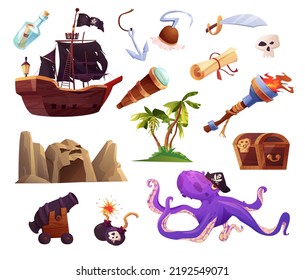 Pirates Set Icons In Cartoon Style.  Bottle With Message, Octopus, Pirate Ship, Cannon, Bomb, Sabre, White Skull, Hand Hook, Smoking Pipe, Torch With Burning Fire, Flambeau, Rocky Island.