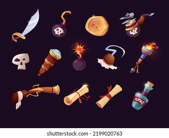 Pirates Set Icons In Cartoon Style. Flag, Pistol, Musket, Bomb, Sabre, Spyglass, White Skull, Hand Hook, Smoking Pipe, Torch With Burning Fire And Flames, Flambeau.