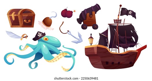 Pirates set icons in cartoon style. Flag with white skull and crossing bones. Waving black flag. Ancient parchment pirate's treasure map, bottle, paper with vintage texture. Cannon