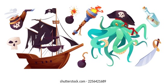 Pirates set icons in cartoon style. Flag with white skull and crossing bones. Waving black flag. Ancient parchment pirate's treasure map, bottle, sabre.