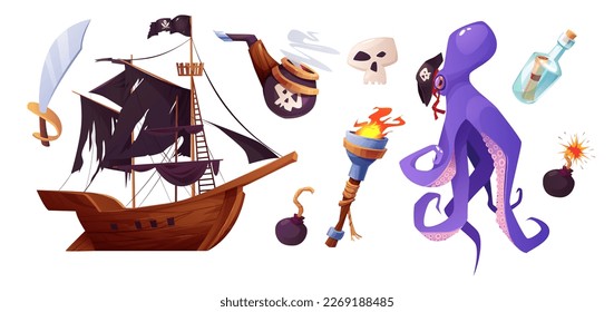 Pirates set icons in cartoon style. Flag with white skull and crossing bones. Waving black flag. Ancient parchment pirate's treasure map, bottle, sabre.
