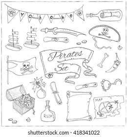 Pirates set pirate hat swords guns treasure chest black flag jolly roger emblem skull and crossbones pirate costume elements. Isolated  Vector illustration.