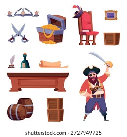 Piratas ajustados. Mesa, cadeira, armas e bebidas fortes de ouro. As armadilhas da vida pirata
