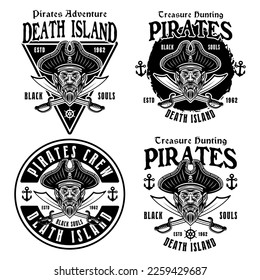 Pirates set of vector emblems in monochrome vintagestyle  illustration isolated on white background