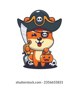 Pirates shiba inu in halloween day. Cute halloween cartoon illustration. 