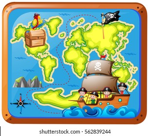 Pirates in ship and adventure map illustration