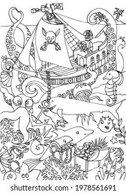 Pirates ship battle with octopus on sea. Coloring page. Ocean animals. Marine life. Education worksheet. Sketch vector illustration.