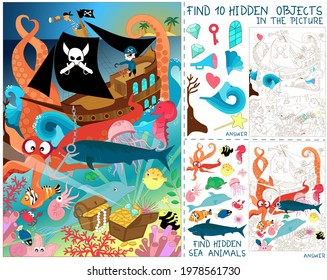 Pirates ship battle with octopus on sea. Find all ocean animals. Marine life. Search 10 hidden objects in the picture. Education Puzzle Hidden Items. Sketch vector illustration. Set