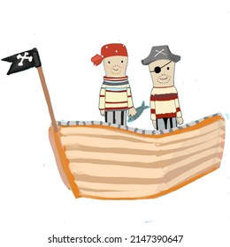 pirates in a ship, on a boat, in a ship, cartoon guys sailors with a fish in their hand.
