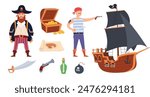 Pirates with a ship and pirate items. Treasure hunt. Captains and simple sailors. Sea robbers. Vector illustration