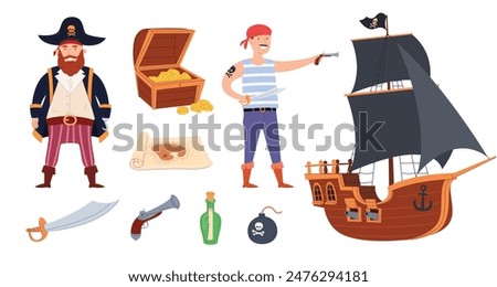 Pirates with a ship and pirate items. Treasure hunt. Captains and simple sailors. Sea robbers. Vector illustration