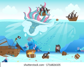 Pirates ship shipwreck, giant octopus taking black sail to sea bottom cartoon vector illustration. Sail pirates boat in ocean, sea fight. Black sail with skull flags.