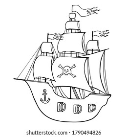 Pirates' ship. Vector illustration in doodle style. Coloring book for kids. sea rover