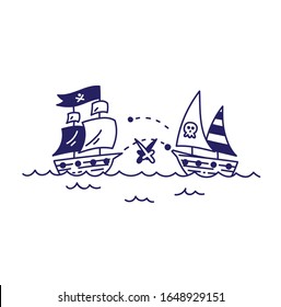 Pirates ships battle illustration. Kids t shirt design.