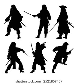 Piratas Silhueta Swashbuckling Buccaneers, Conceito de Aventura, Caça ao Tesouro, Ilustração de Vetor Plano vol 03