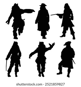 Pirates Silhouette: Swashbuckling Buccaneers, Adventure Concept, Treasure Hunt,Flat Vector Illustration