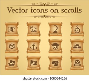 pirates simple vector icons on ancient scrolls