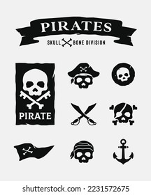 Pirates skull and bone vector element collection,pirates skull and crossbones logo icon set