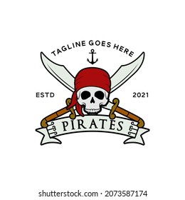 Pirates Skull with Crossing Swords Vintage Boat Ship Sailor logo Design Inspiration